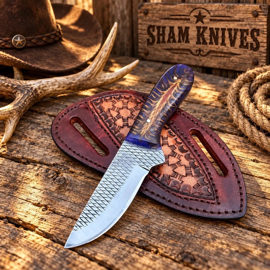 Blue Pine Cone Cowboy Skinning Knife – Rasp Steel & Pancake Sheath