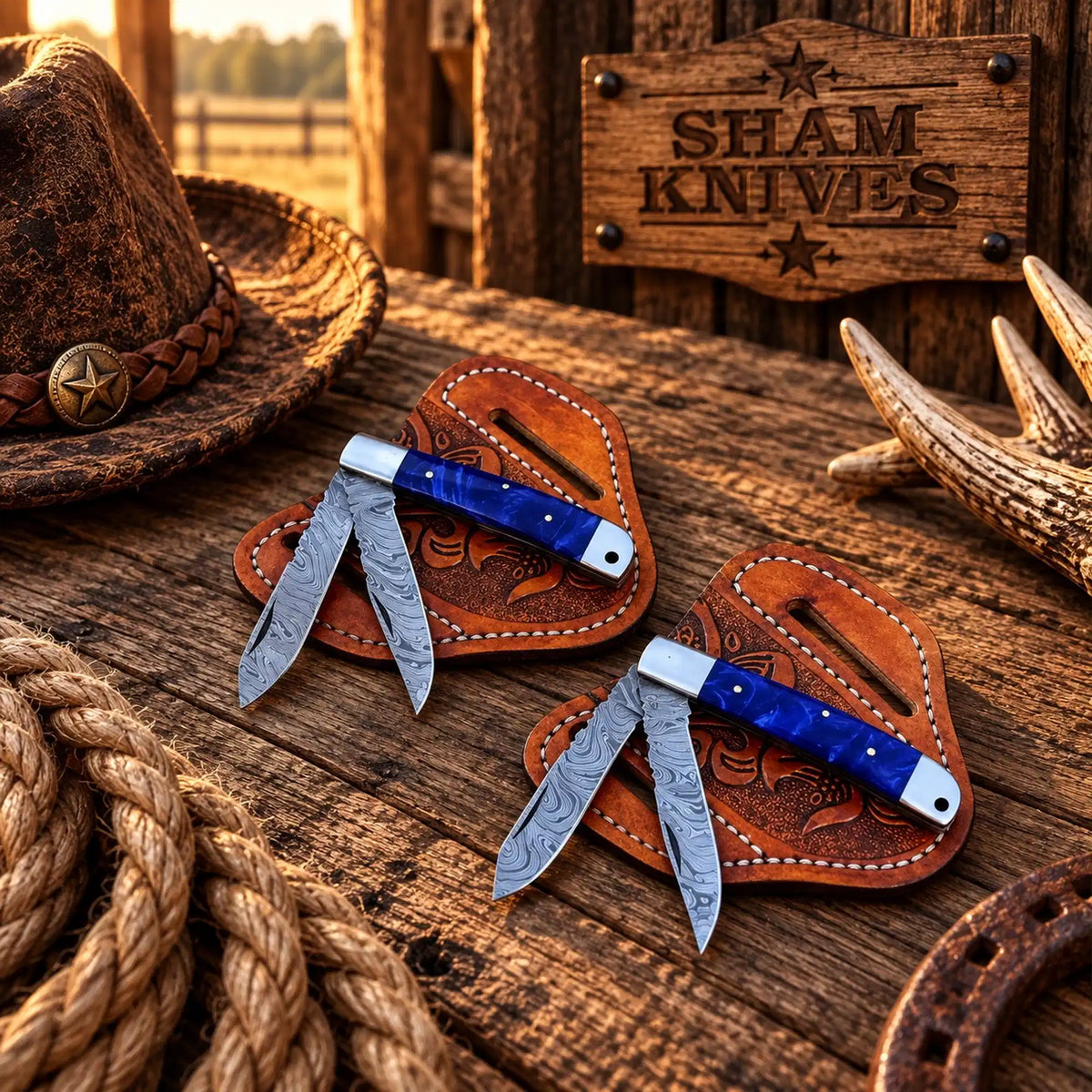 Blue Trail Damascus Trapper Knife Duo with Pancake Leather Sheaths