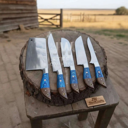 Blue Wood Damascus Chef Knife Set: 5-Piece Handmade Collection