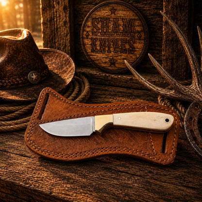 Bone Buckaroo Skinning Knife – D2 Steel & Leather Belt Sheath