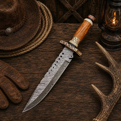 Brass Ridge Damascus Bowie Knife – Ash Wood Handle & Red Sheath