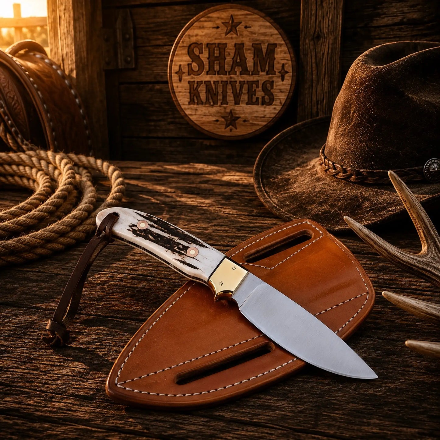 Buckaroo Ranch Knife – 4″ D2 Full Tang Blade, Antler & Belt Sheath