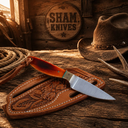 Buckaroo Skinning Belt Knife – D2 Steel & Sheep Horn Handle