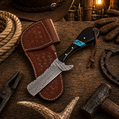 Bull Cutter Knife – Handmade 1095 Damascus Steel Cowboy Knife with Buffalo Horn & Turquoise Handle