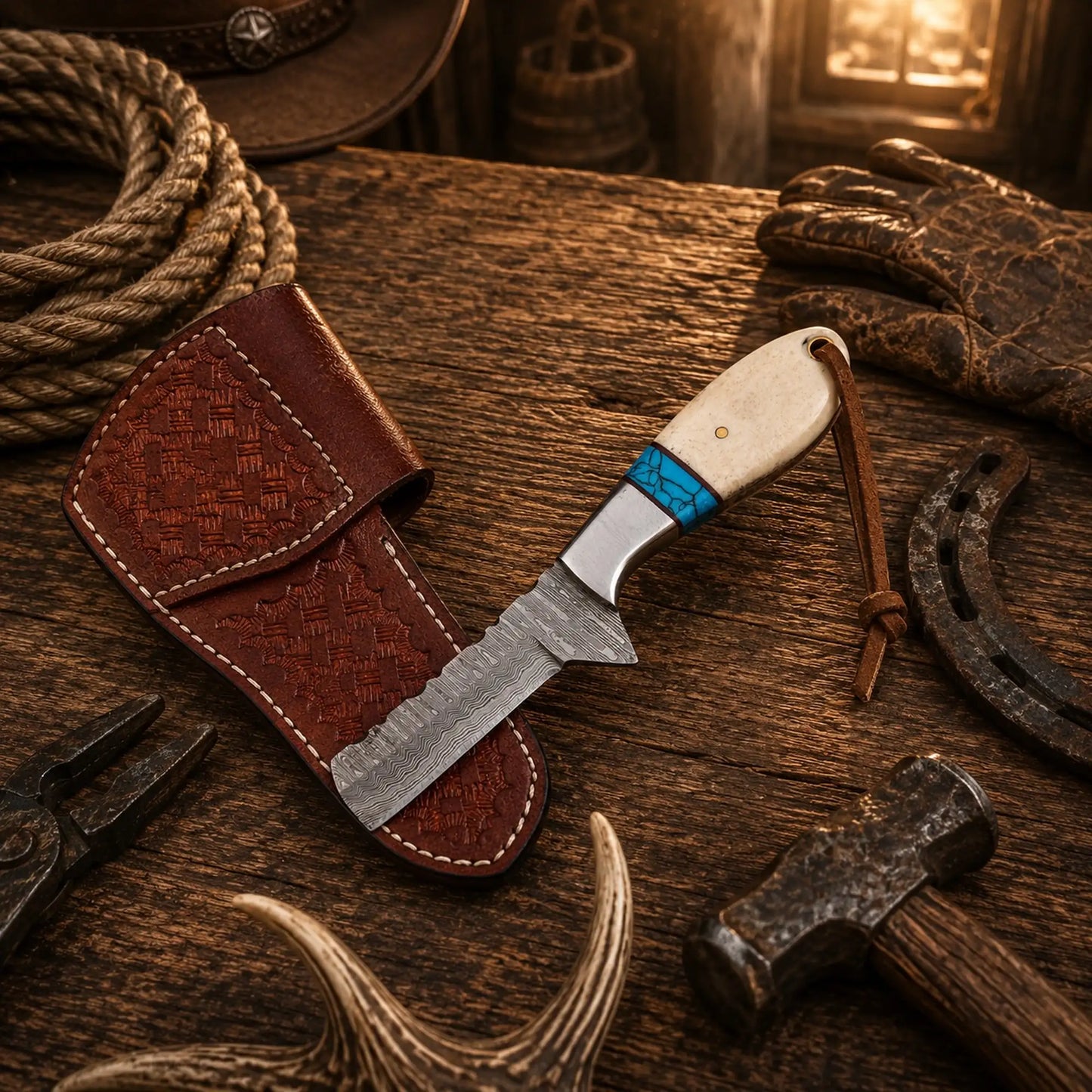 Bull Cutter Knife Damascus Steel Cowboy Ranch Knife – Bone & Turquoise Handle