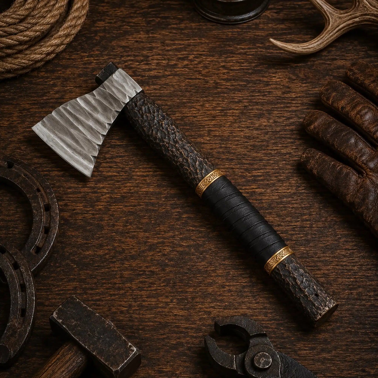 Hand Forged Viking Axe – Carbon Steel with Leather Wrapped Handle