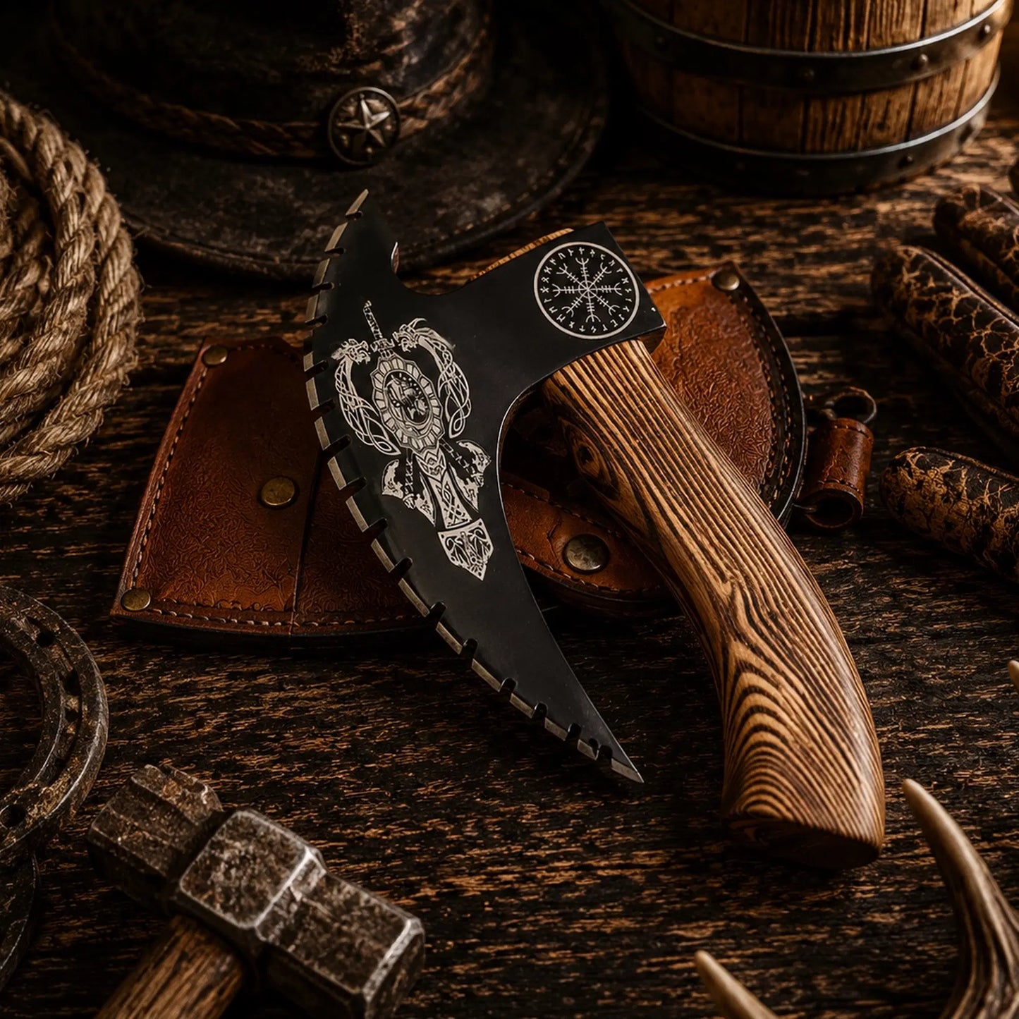 Handforged Viking Pizza Cutter Axe with Leather Sheath