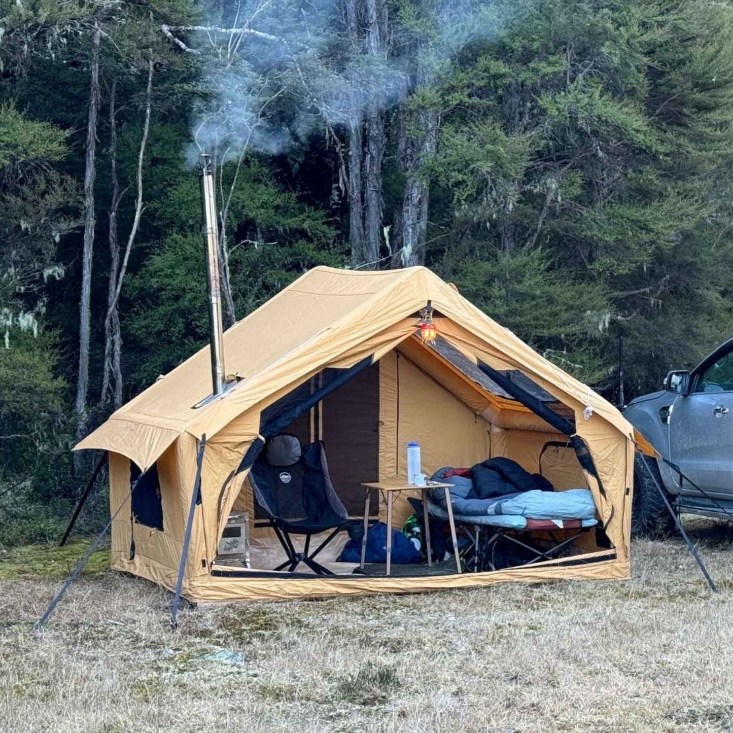 RBM Panda Medium Sunny Beige + Stove Caminus S - Inflatable Tents for Camping with Stove