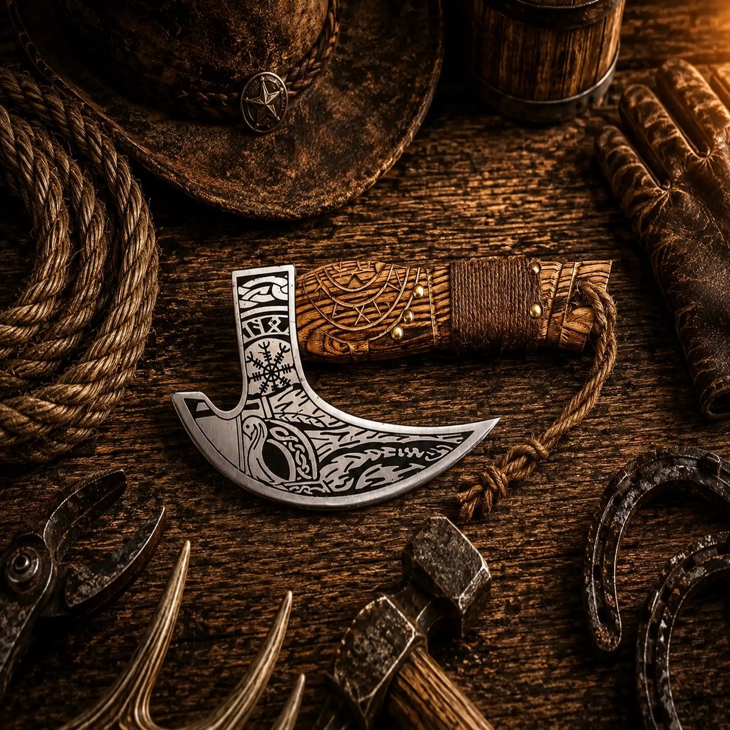 Carved Ash Wood Pizza Axe – D2 Steel Handmade Viking Pizza Cutter