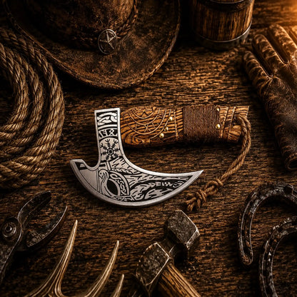 Carved Ash Wood Pizza Axe – D2 Steel Handmade Viking Pizza Cutter