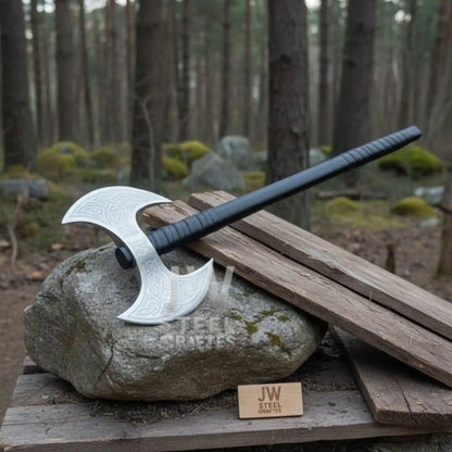 Custom Handmade Double-Headed Viking Axe with Nordic Knotwork Engravings and Cord-Wrapped Handle