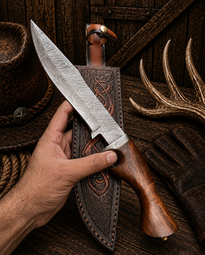 Celtic Guardian Bowie Knife – Damascus Steel With Rosewood Handle & Leather Sheath