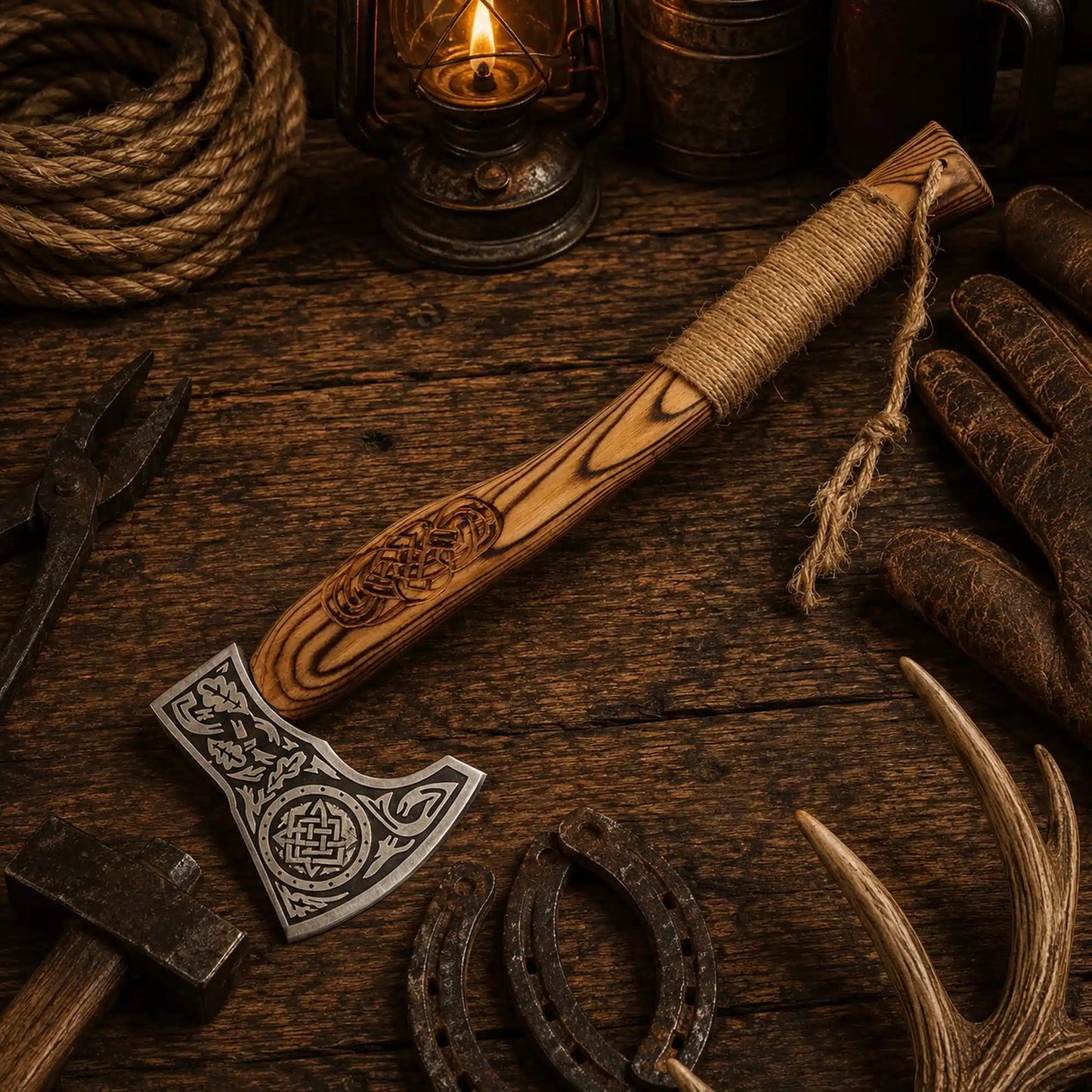 Viking Celtic Engraved Bearded Axe – Burnt Ash Wood & Rope Grip