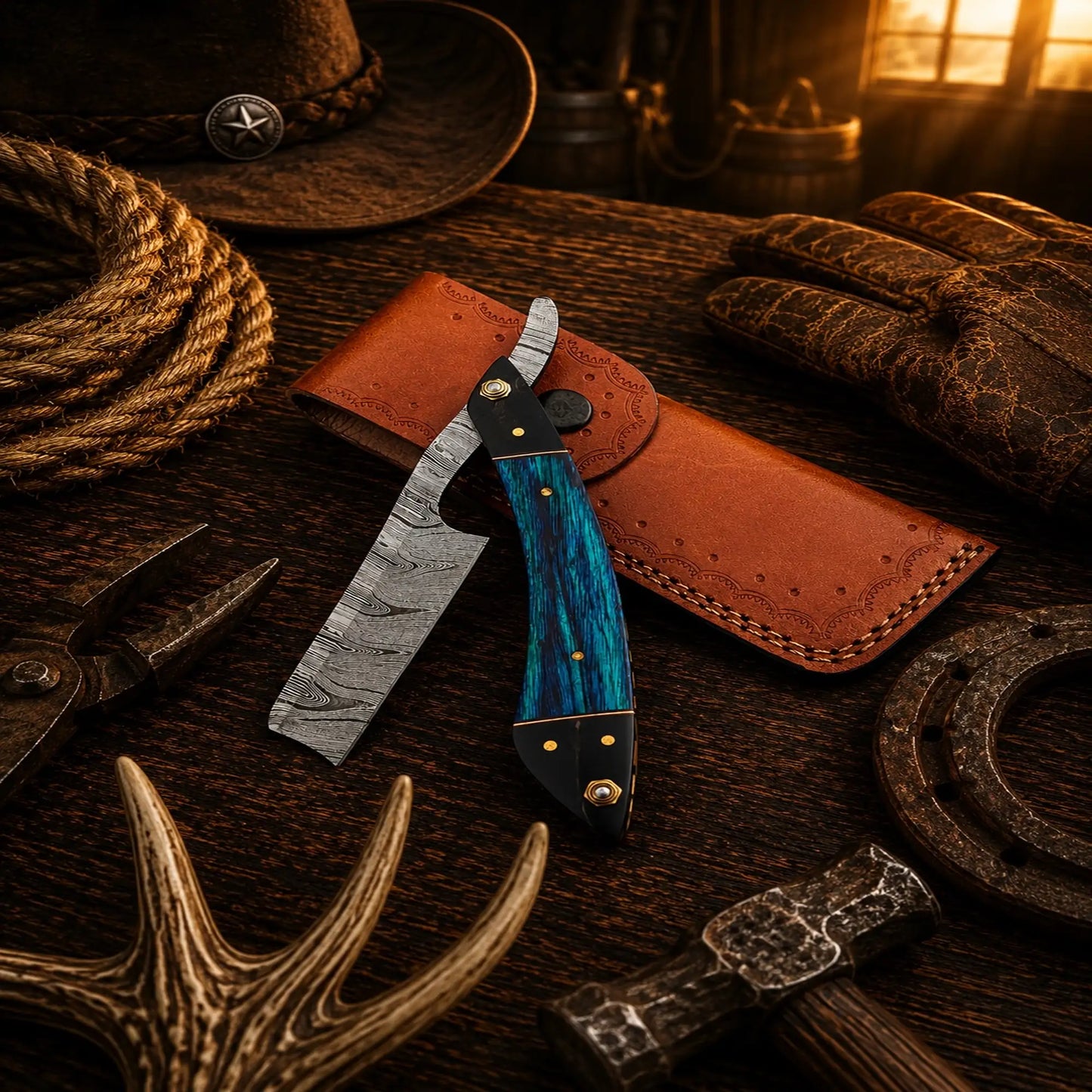 The Classic Cattleman Straight Razor – Handmade Damascus Steel Folding Razor