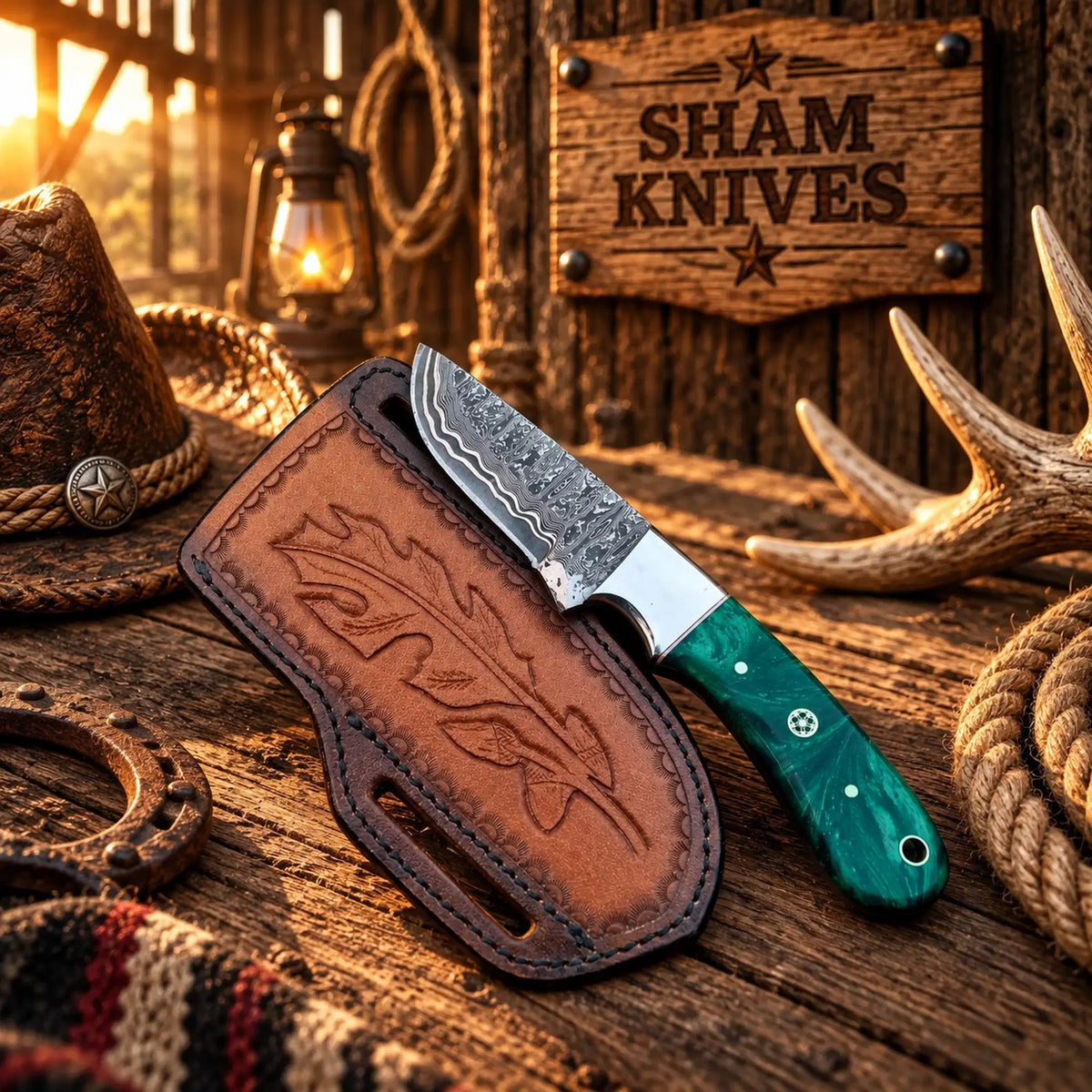 Copper Creek Damascus Hunting Knife – Epoxy Handle & Belt Sheath