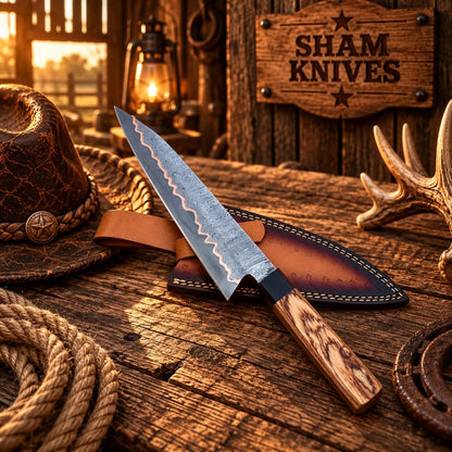 13″ Exotic Wood Handle Copper Damascus Kitchen Chef Knife