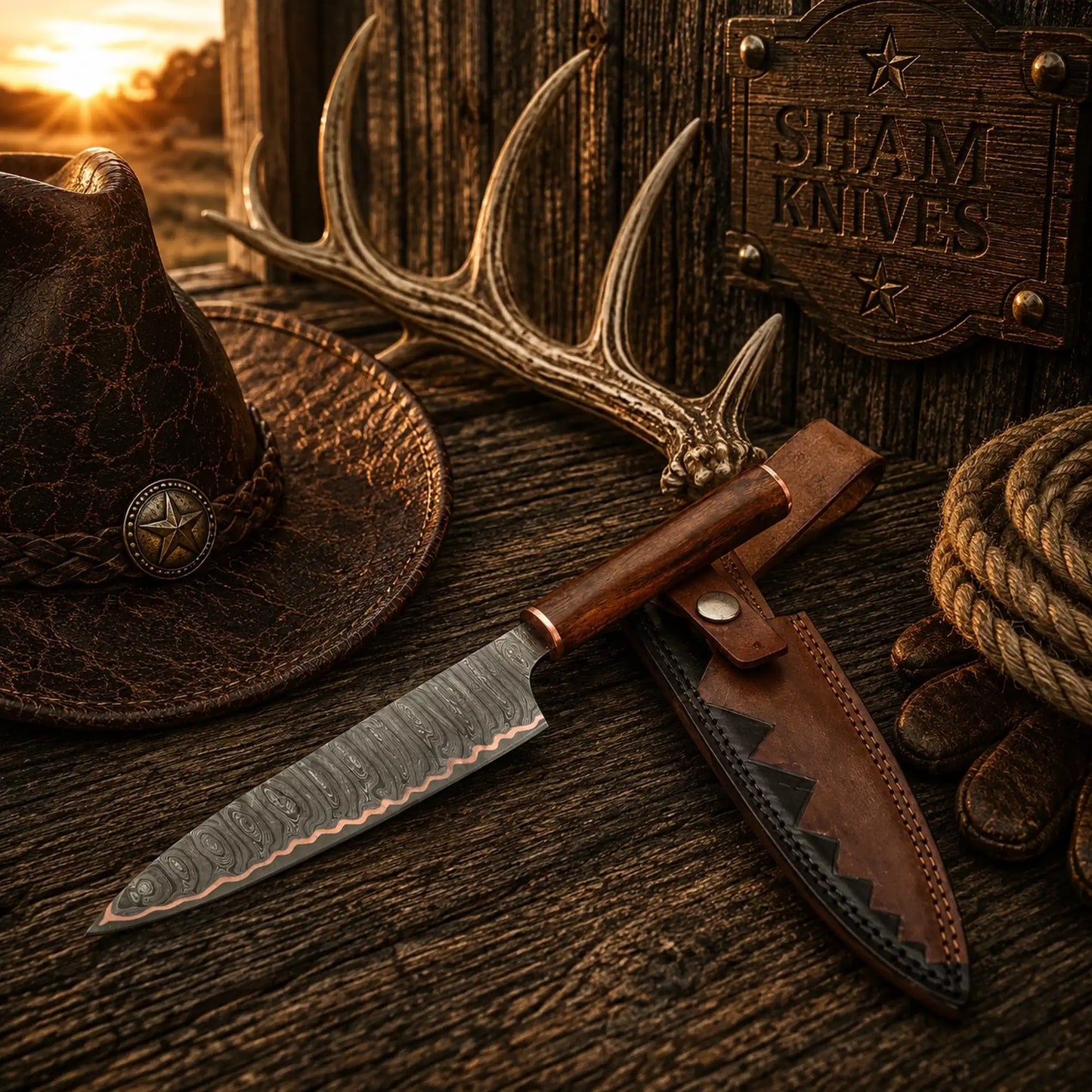 13.5″ Copper Damascus Chef Knife – Rosewood Handle & Sheath