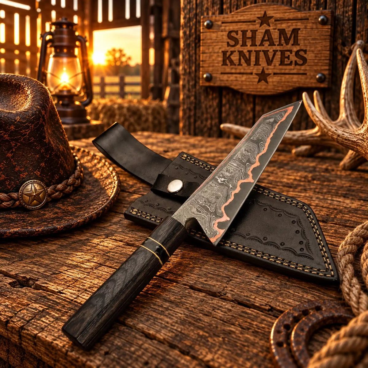 Buy Kiritsuke Style Copper Damascus Chef Knife – Pakka Wood Handle
