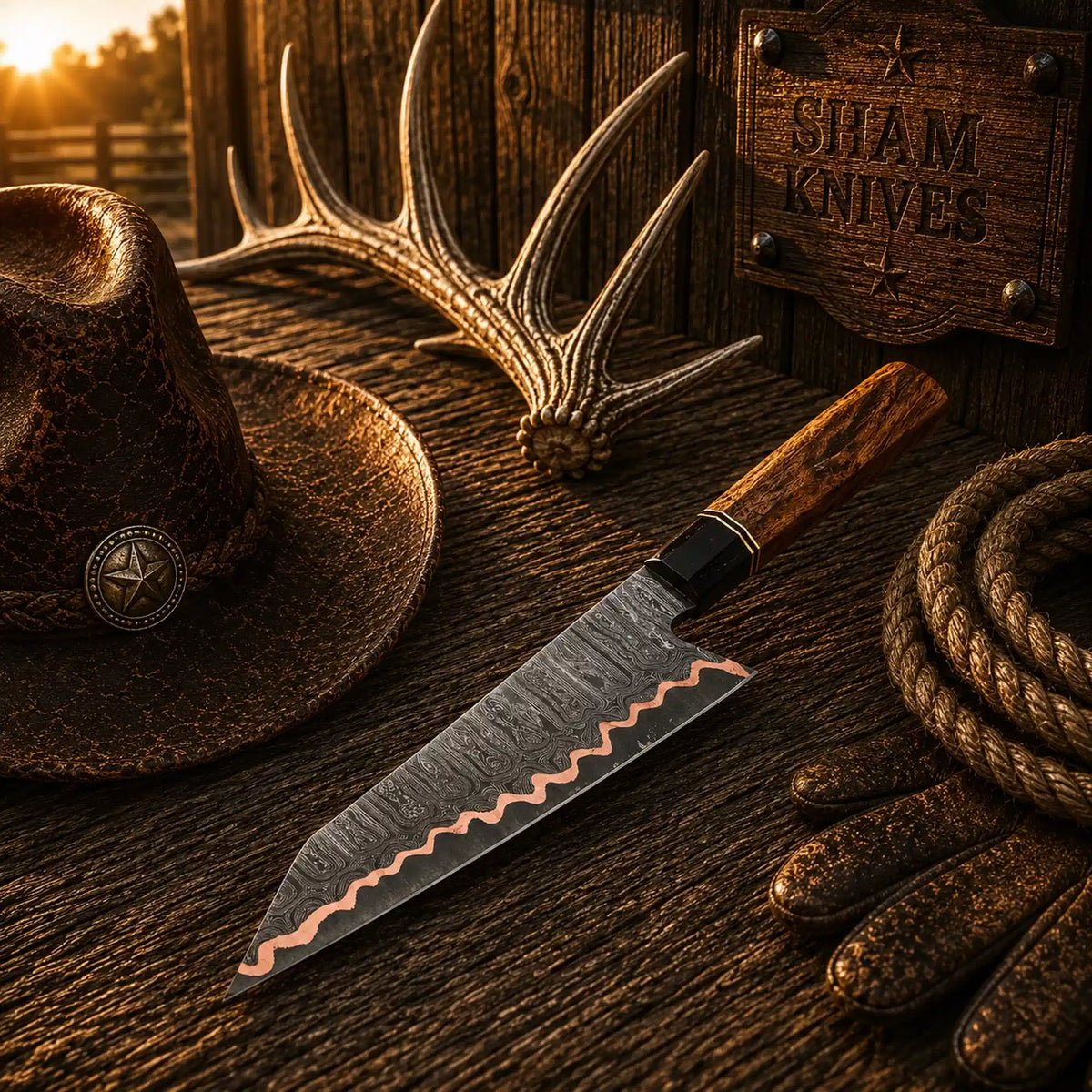 Handmade Copper Damascus Chef Knife – Octagonal Rosewood Handle