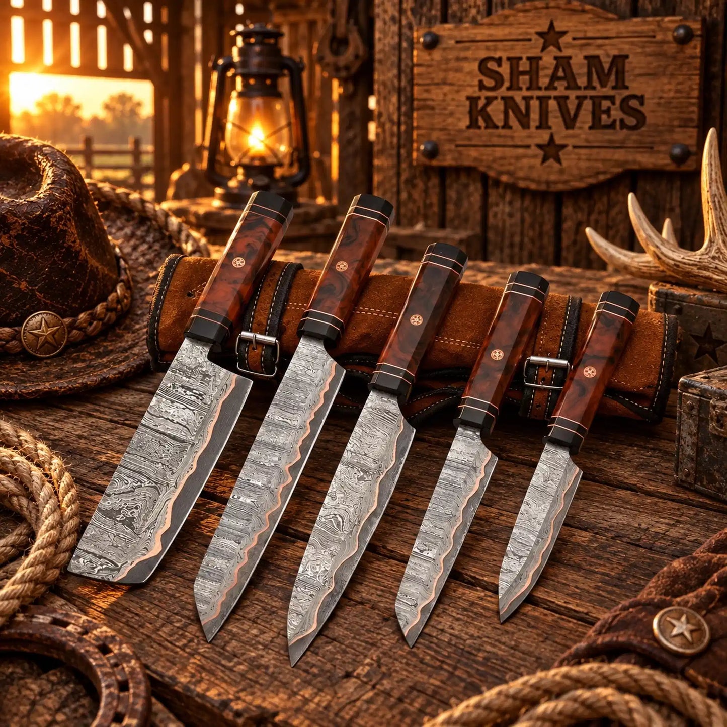 Handmade K-Tip Gyuto Style Copper Damascus Kitchen Chef Knife Set – Resin Handles