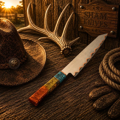 San Mai Copper Damascus Chef Knife – Turquoise Resin Handle