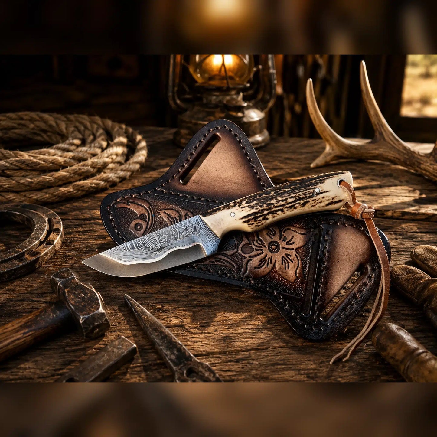 3.75” Copper Damascus Cowboy Field Knife with Stag Horn Handle