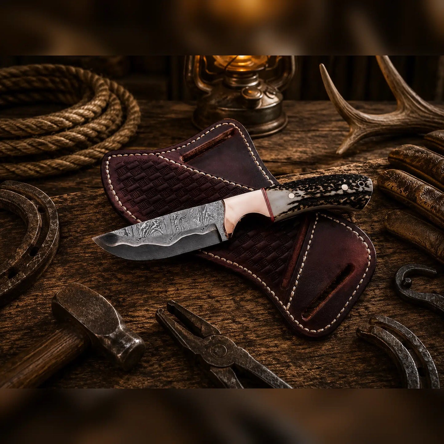 Copper Damascus Cowboy Knife for Sale with Stag Horn & Cross Belt Sheath