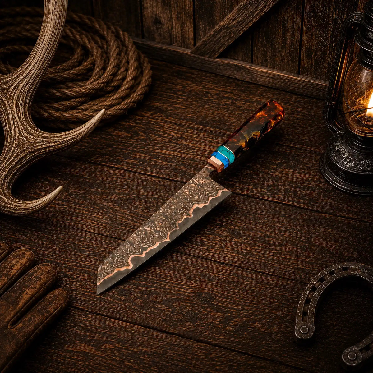 Copper Damascus Gyuto Chef Knife – Turquoise Resin Handle