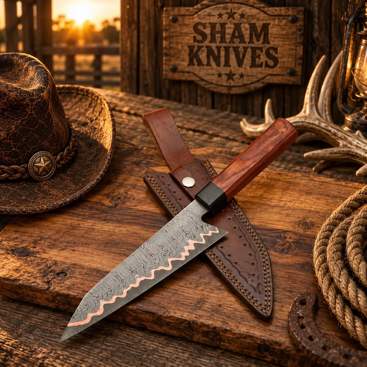 Handmade Copper Damascus K-Tip Gyuto Chef Knife – Rosewood Handle