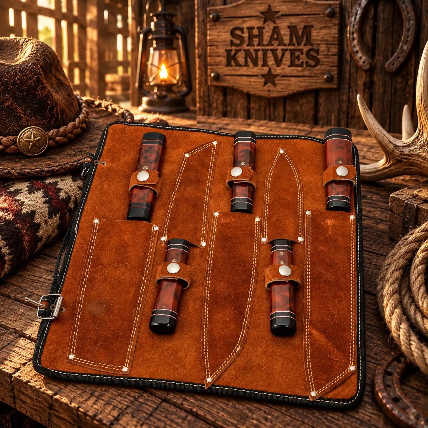 Handmade K-Tip Gyuto Style Copper Damascus Kitchen Chef Knife Set – Resin Handles