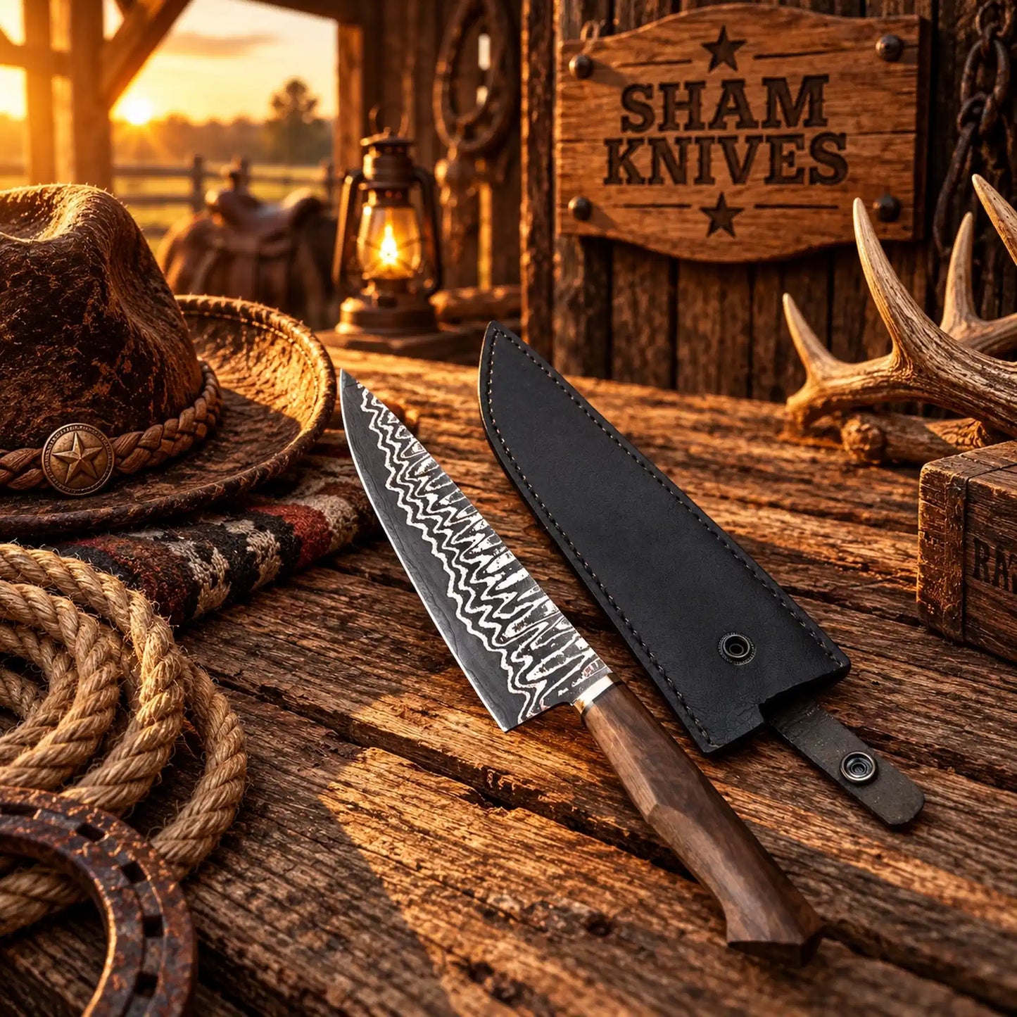 Hand Forged Copper Damascus Santoku Chef Knife Walnut Wood Handle & Copper Bolster
