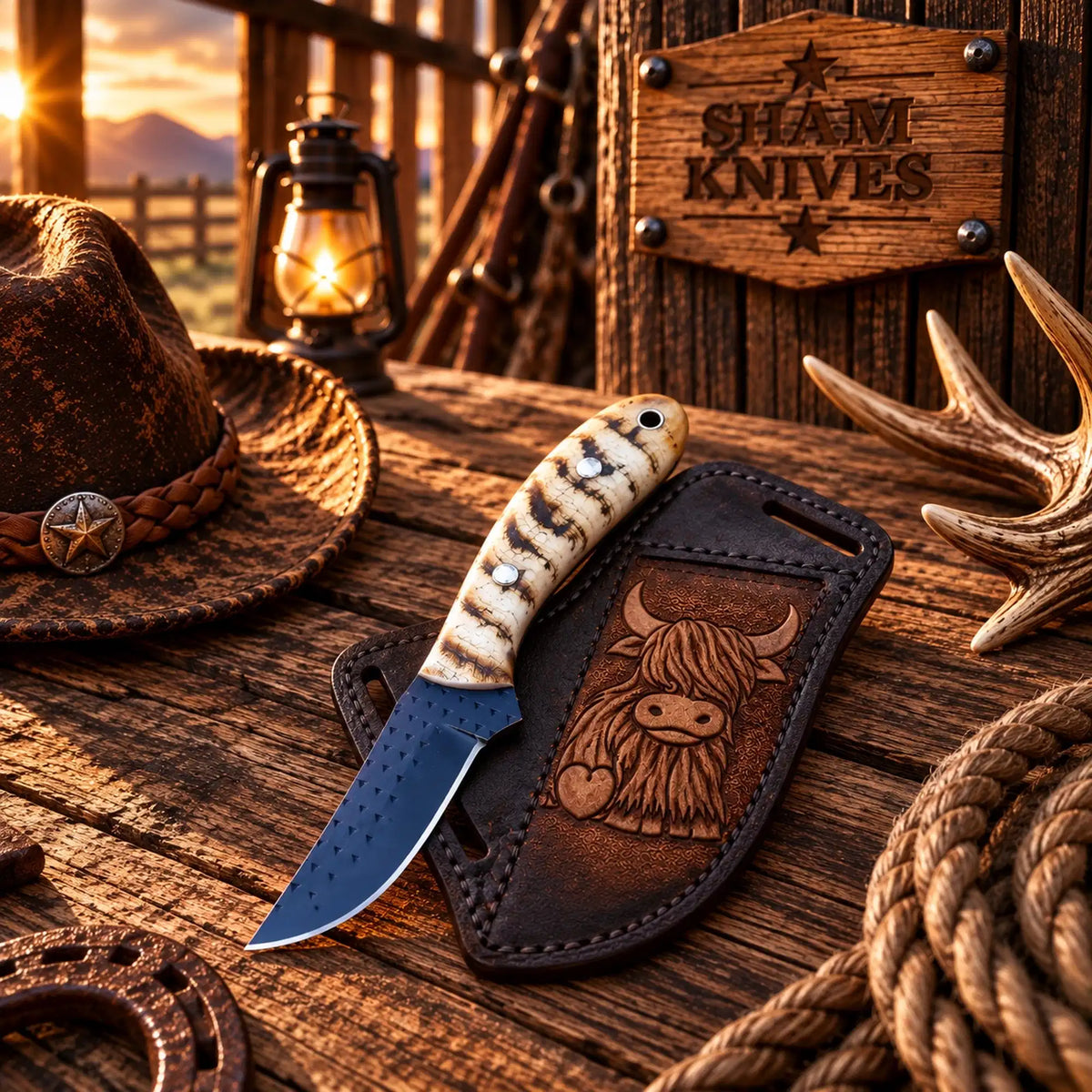 Cowboy Belt Skinner Knife – Powder-Coated Rasp Steel & Sheep Horn