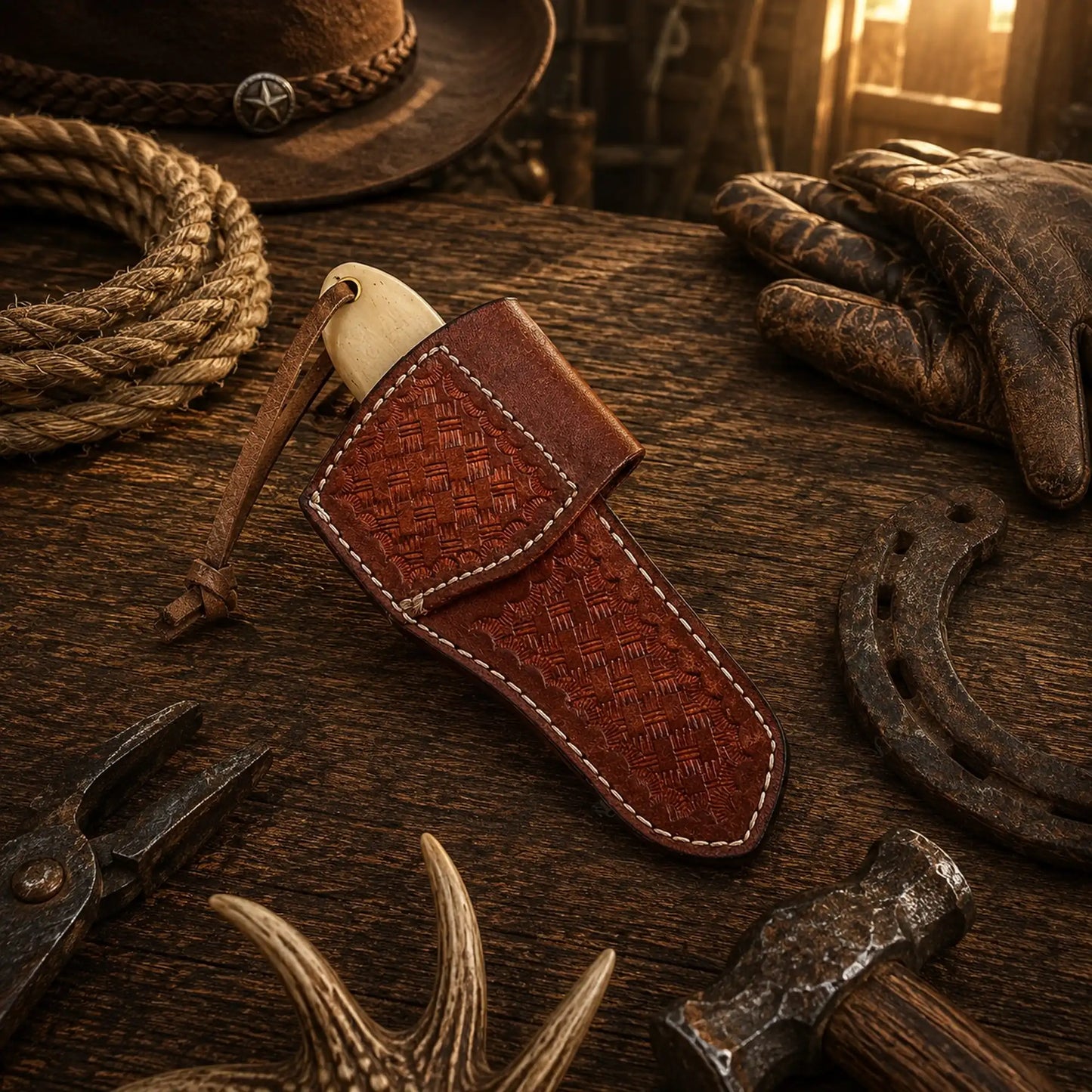Bull Cutter Knife Damascus Steel Cowboy Ranch Knife – Bone & Turquoise Handle