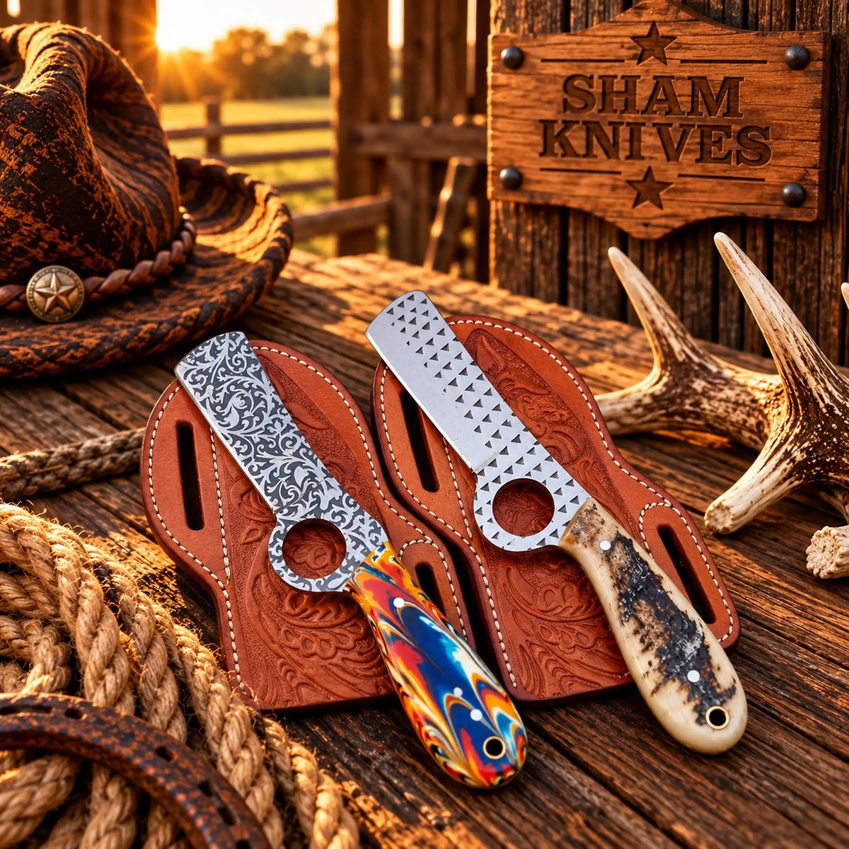 Cowboy Bull Cutter Pair – 4” Floral D2 & Rasp Steel Finger Grip Knives with belt leather sheath
