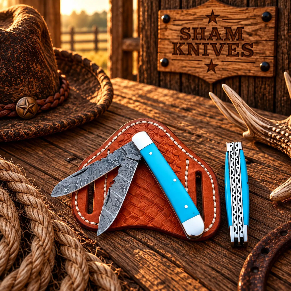 Cowboy Damascus Double-Blade Trapper Knife – Turquoise Resin Handle