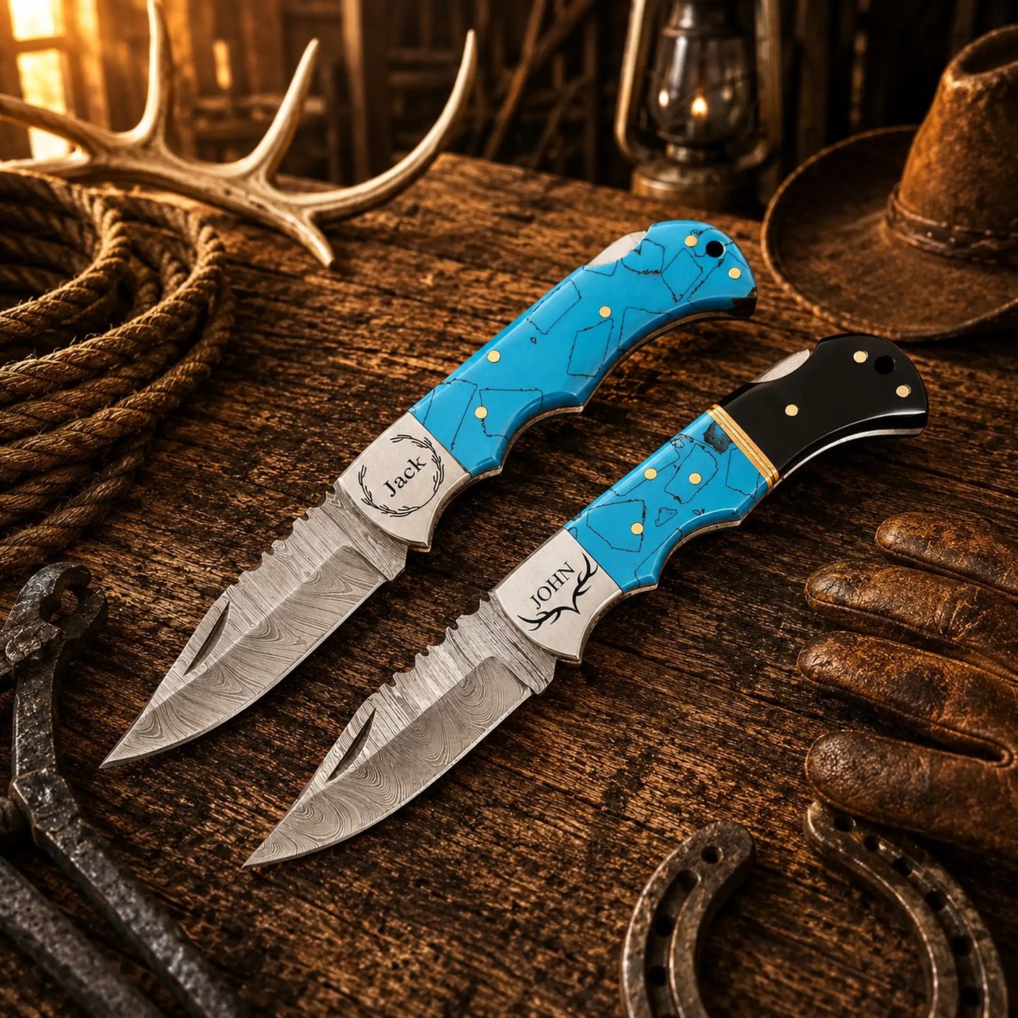 Cowboy Belt Carry Damascus Folding Pocket Knife Set – Turquoise Handles