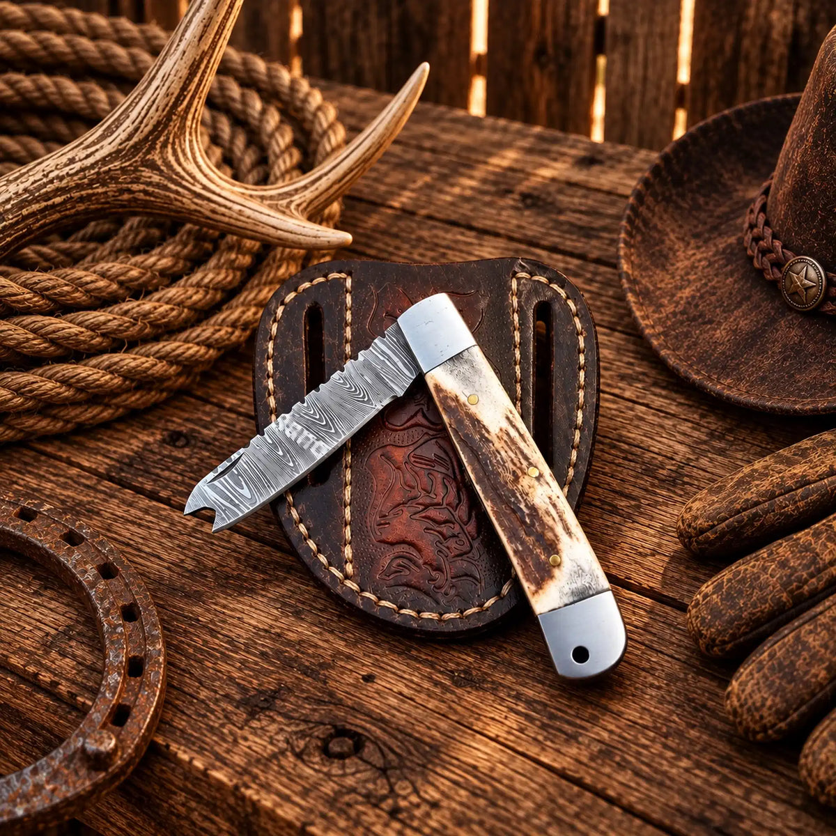 3-Inch Cowboy Damascus Trapper Knife – Stag Horn Handle & Sheath