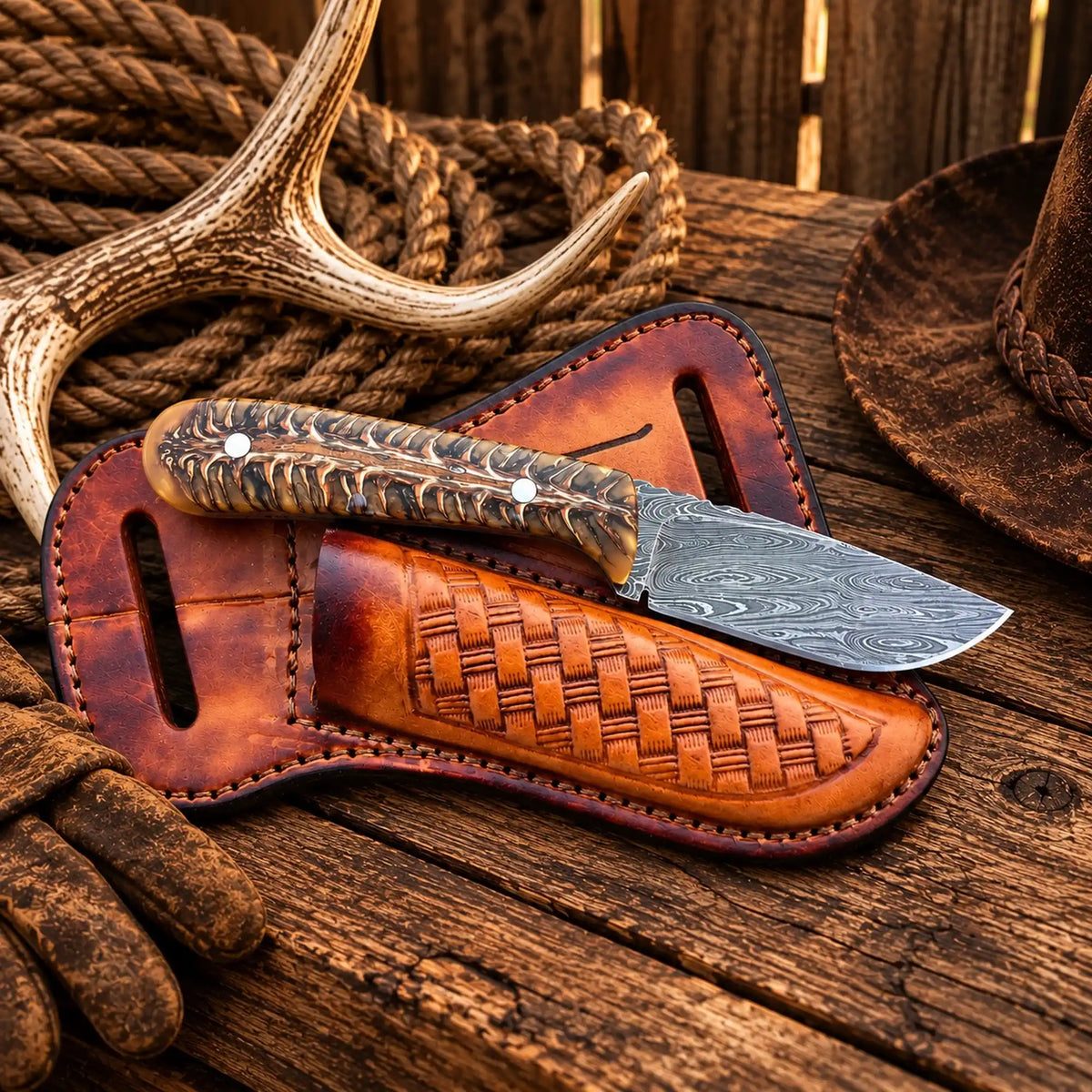 Cowboy Hunting Knife – Forged Damascus steel with Pinecone Handle with Cross-Draw Leather Pouch