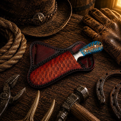 Western Style Ranch Knife – Handmade D2 Steel Turquoise Pine Cone Knife with Cross Draw Sheath