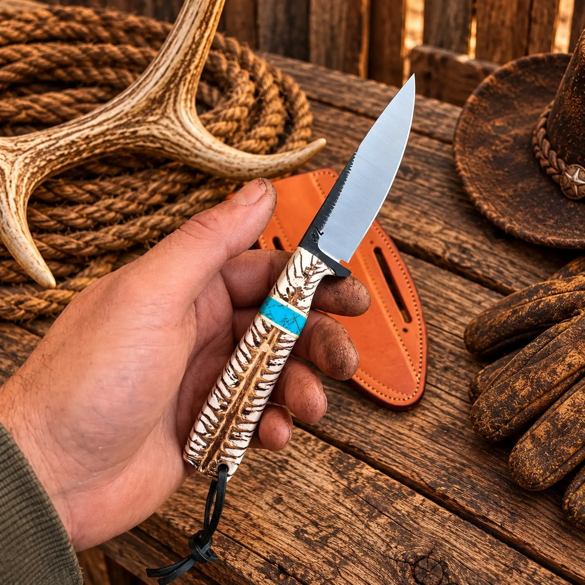 Cowboy Mini Ranch Knife – Rasp Steel with pinecone handle & pancake leather pouch