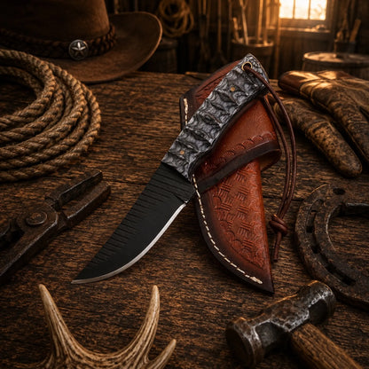 Cowboy Ranch Hunting Knife D2 Rasp Powder Coated Steel – Jigged Pakka Wood Handle with Horizontal Leather Sheath