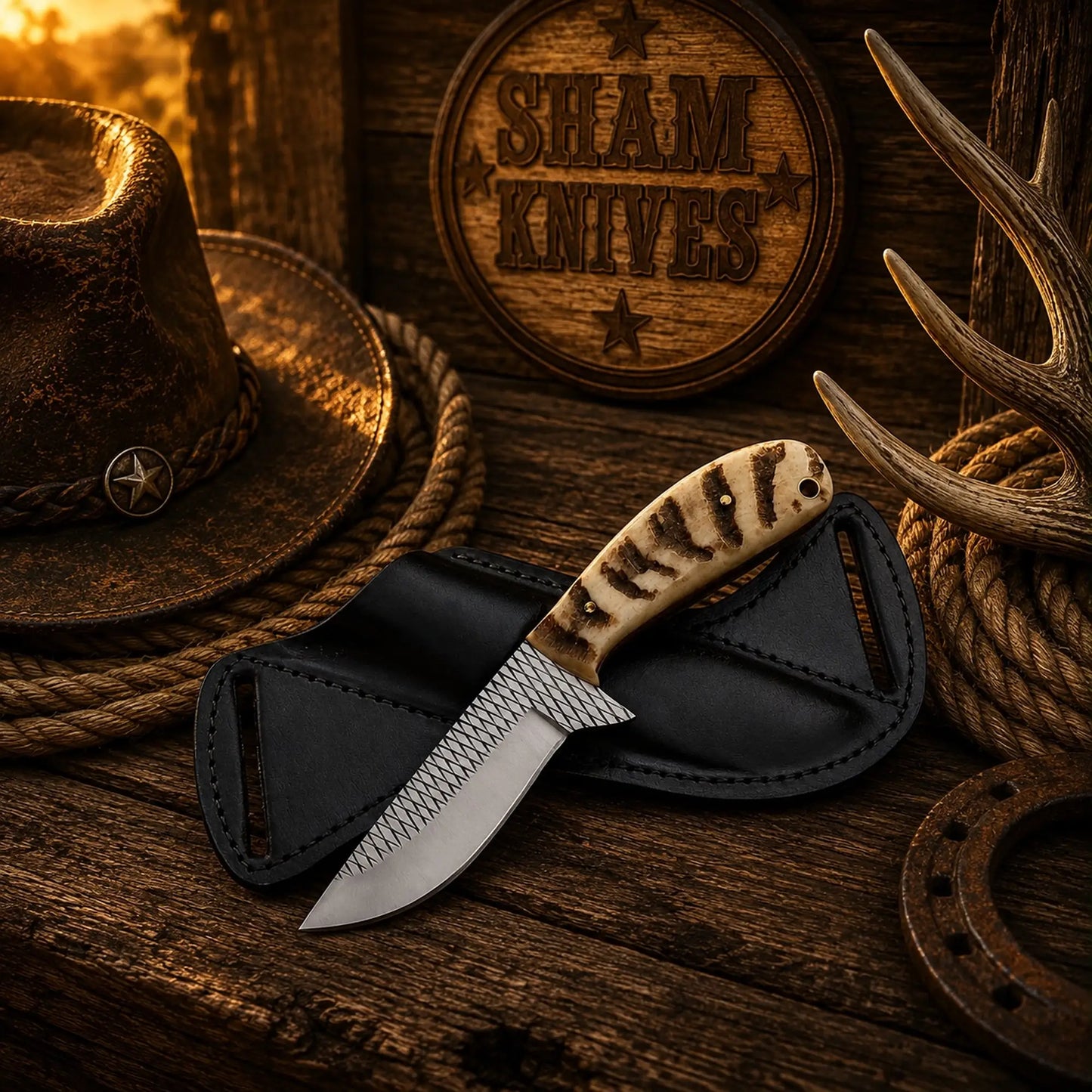 Western Field Dressing Knife – 4″ Rasp Steel & Cross-Draw Sheath