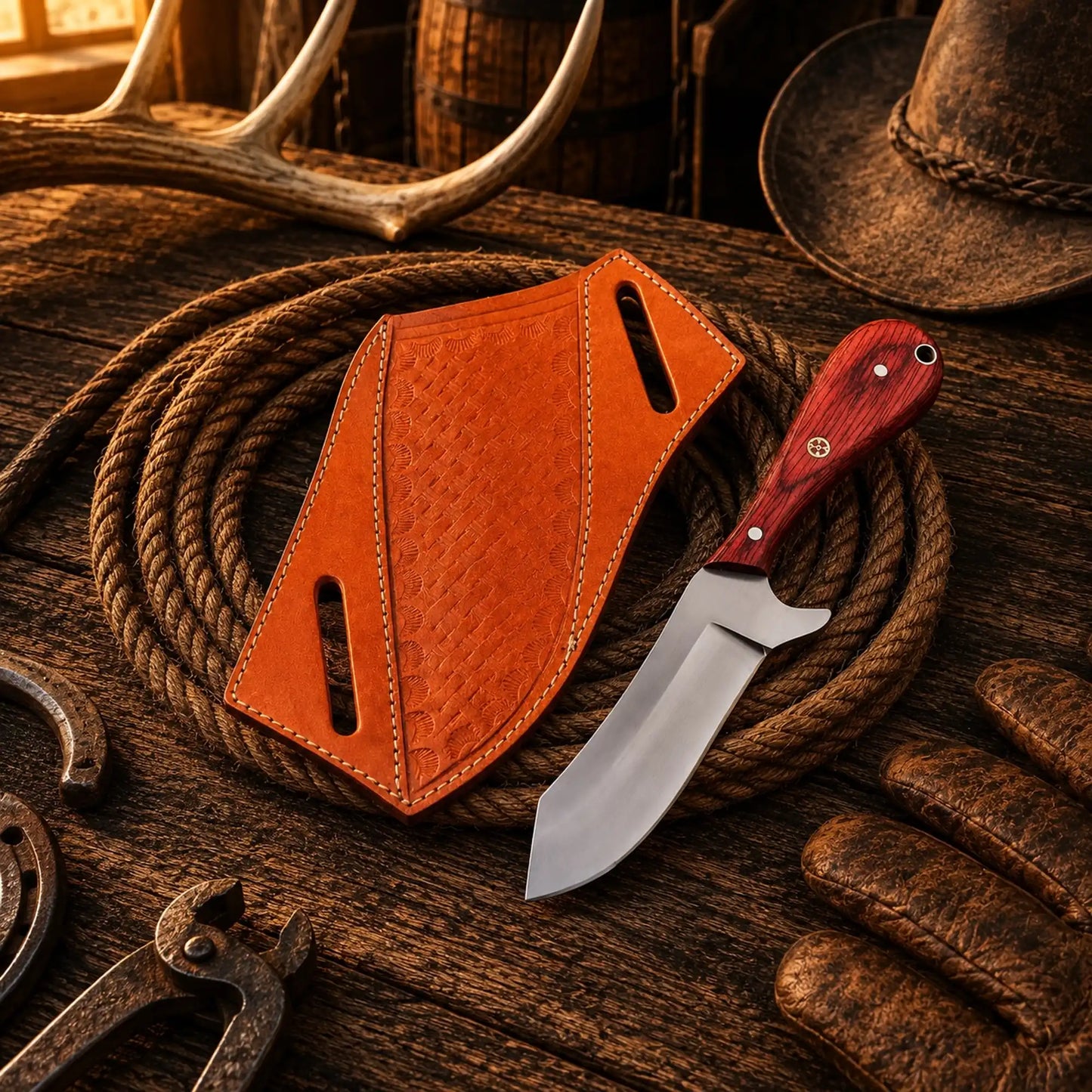 Cowboy Ranch Skinner Knife – 4" D2 Steel Blade with Red Pakka Wood Handle
