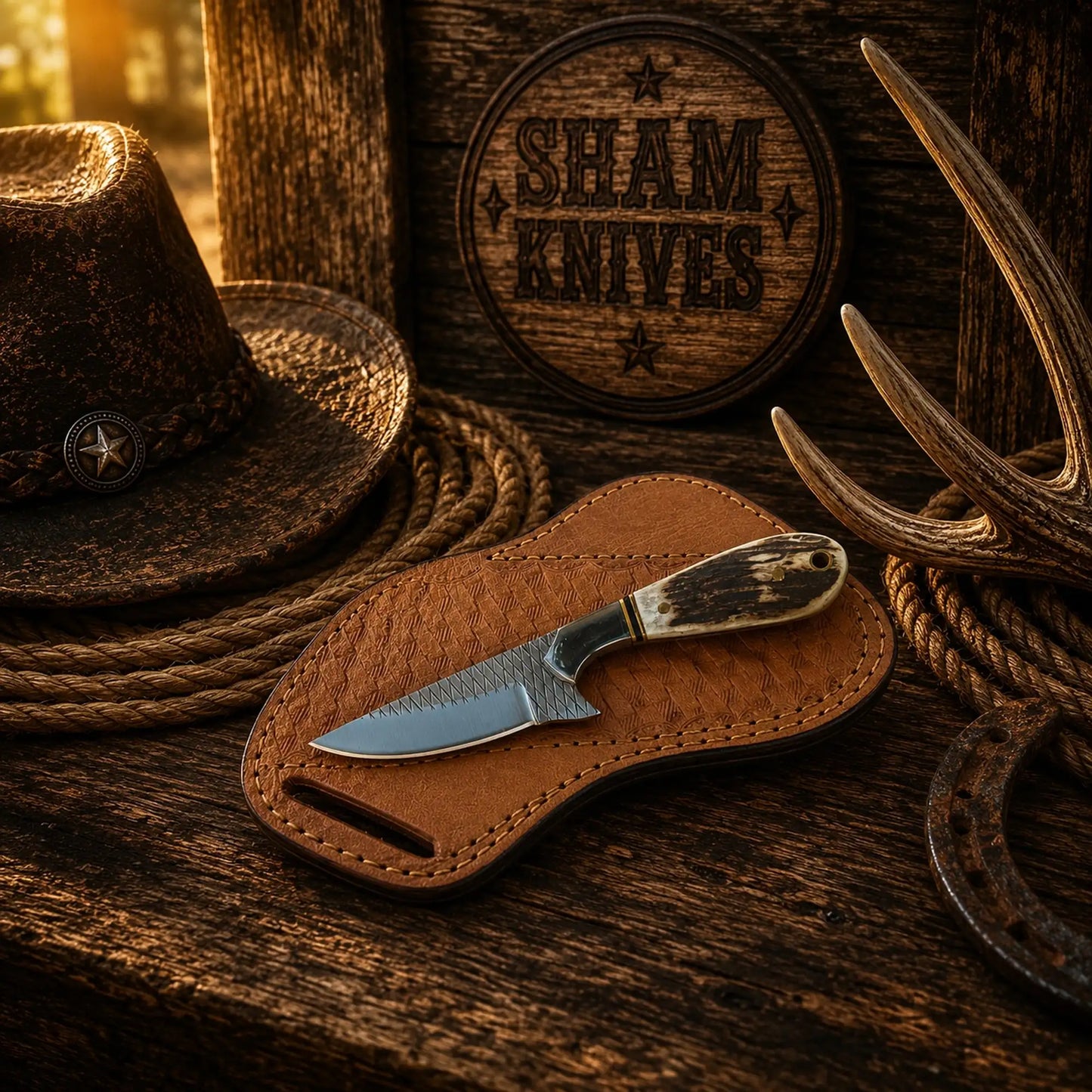 Cowboy Rasp Steel Knife – 3.25″ Stag Handle & Pancake Sheath