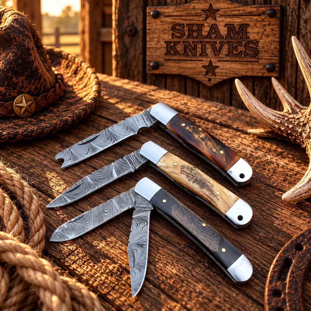 Cowboy Utility Damascus Trapper Knife Set – Sheep Horn Handles