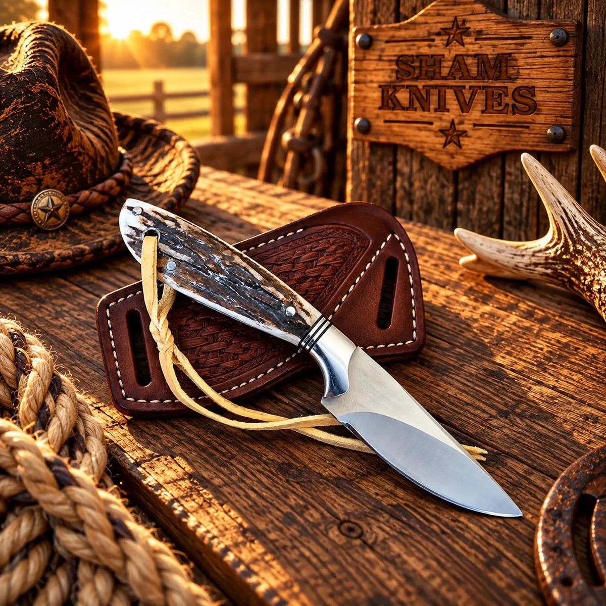 Cross Draw cowboy sheath knife - 3.5” D2 steel with stag horn handle