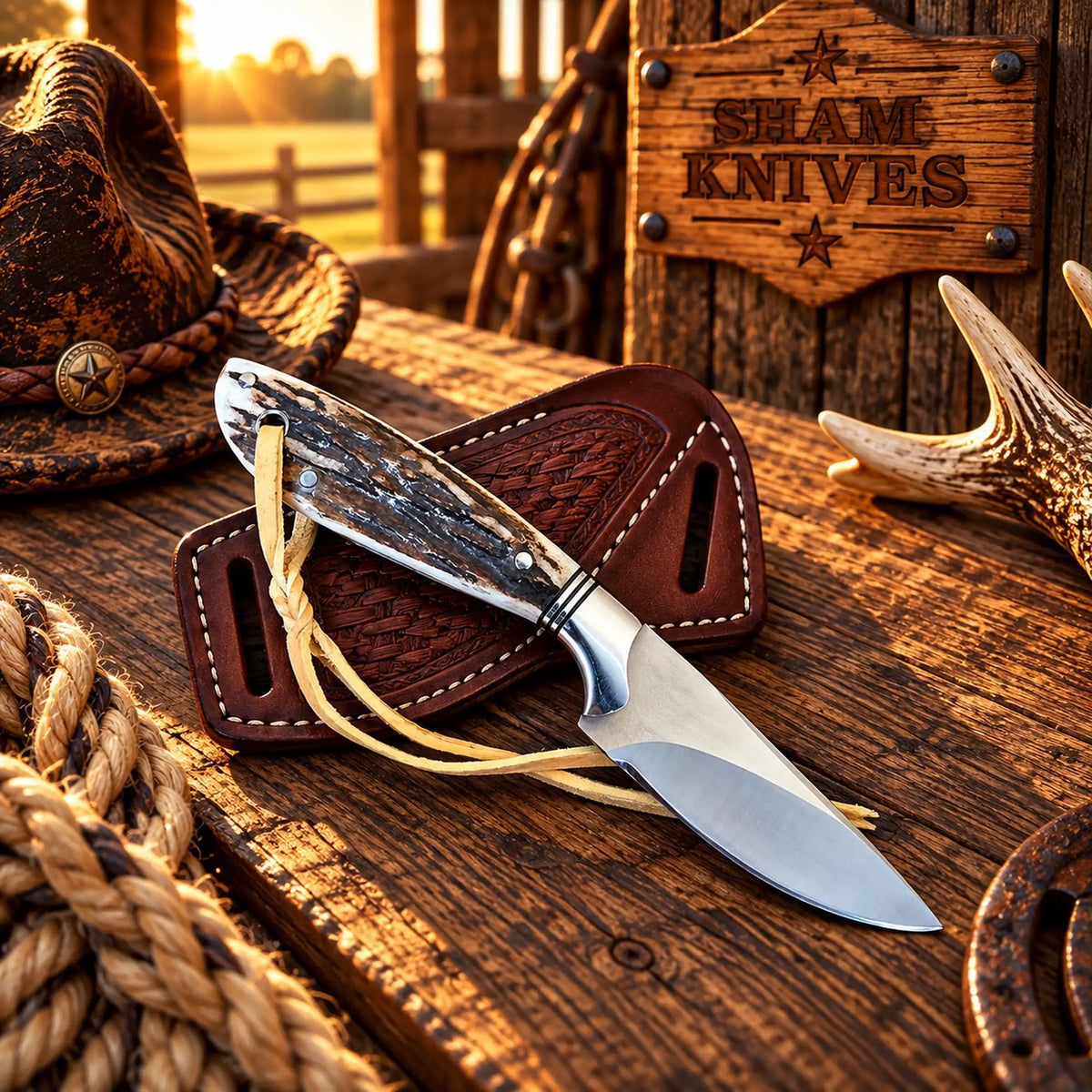 Cross Draw cowboy sheath knife - 3.5” D2 steel with stag horn handle