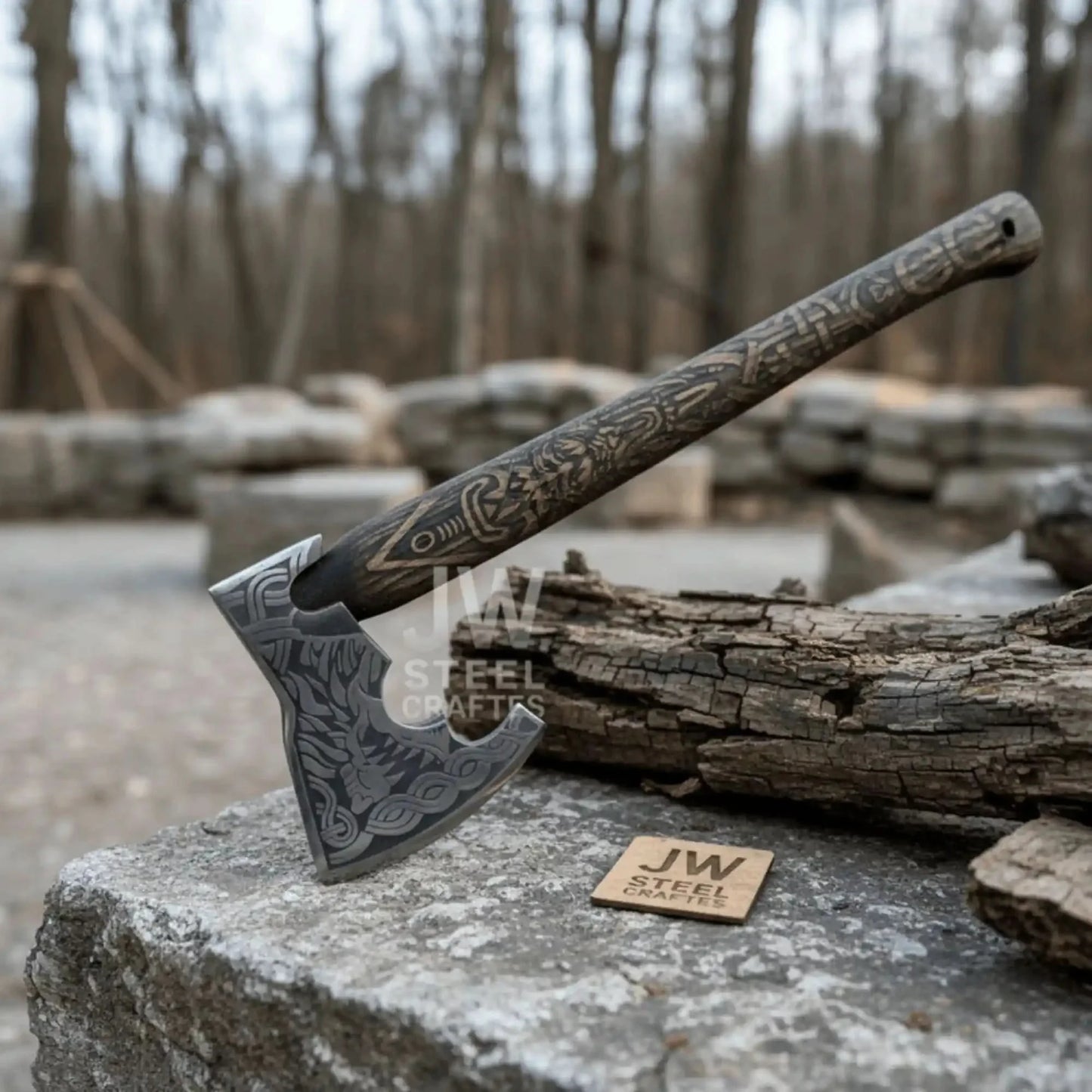 Handcrafted Viking Shield and Engraved Axe Set with Raven Motif and Norse Knotwork