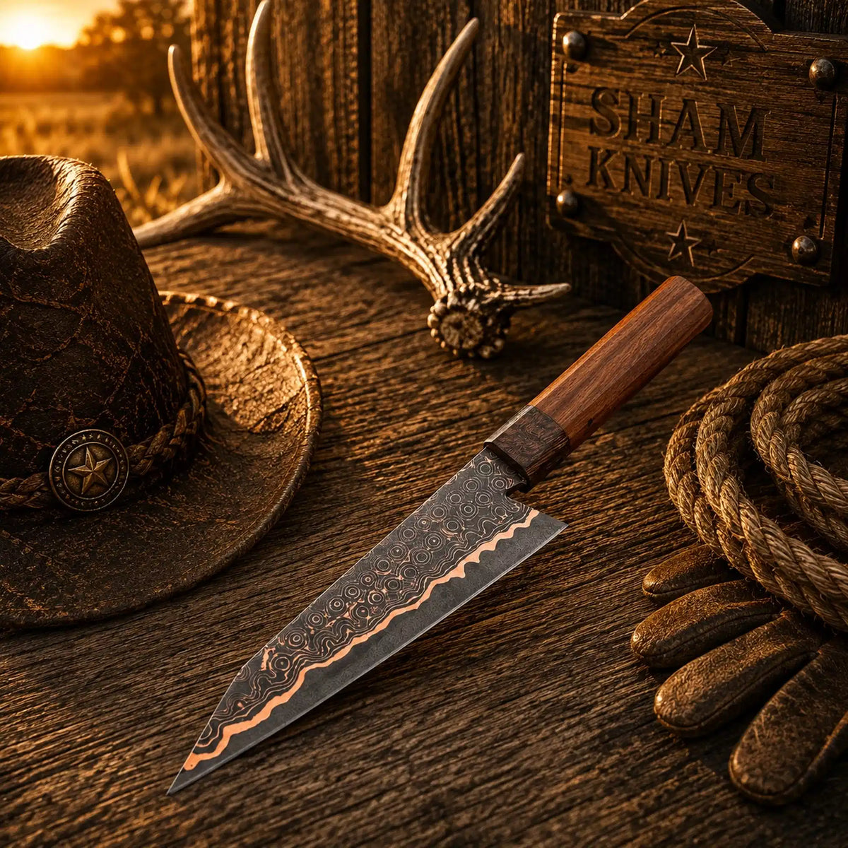 Cu-Mai Copper Damascus Kiritsuke Chef Knife – Rosewood Handle