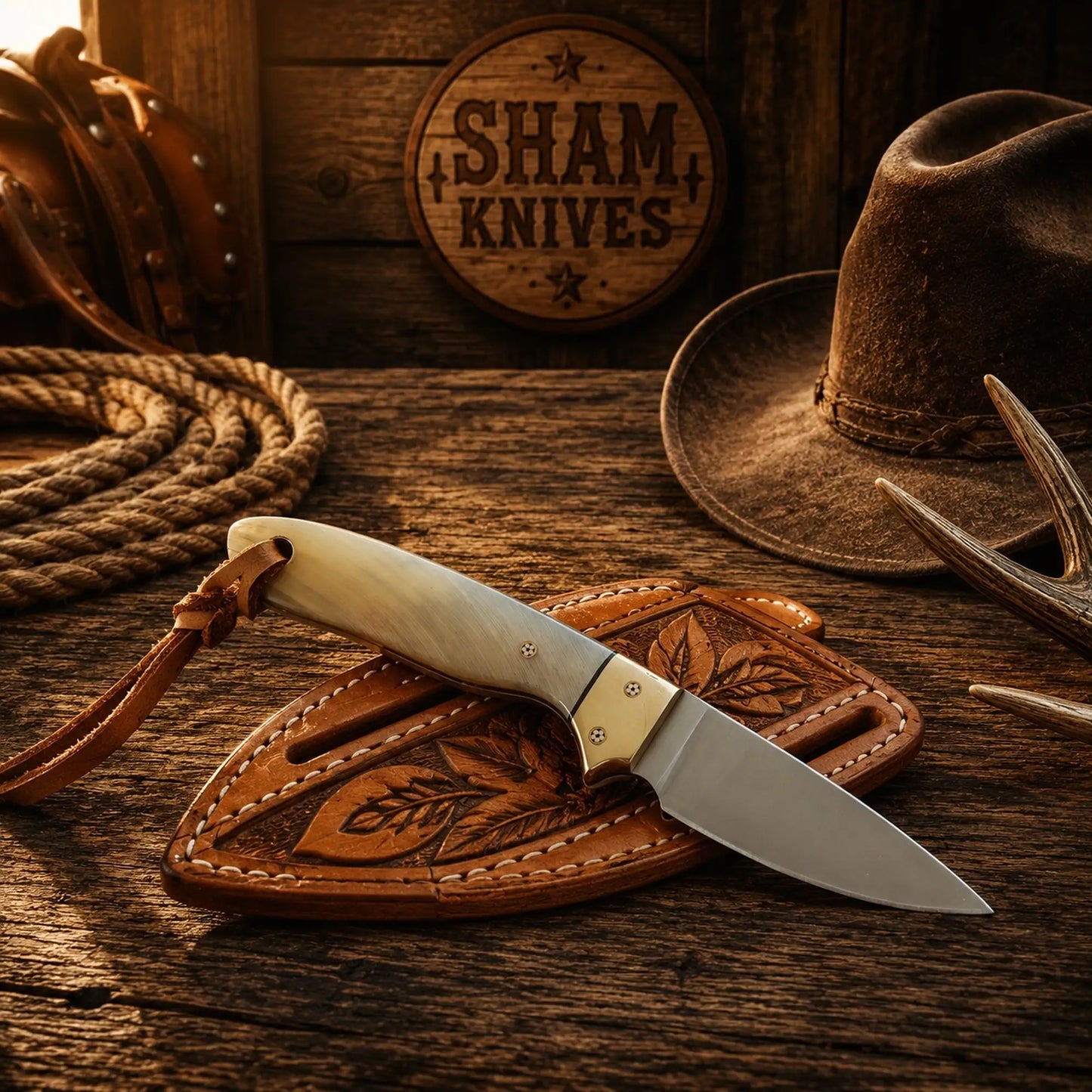 custom Buckaroo Skinning Belt Knife – D2 Steel & Mountain Sheep Horn Handle